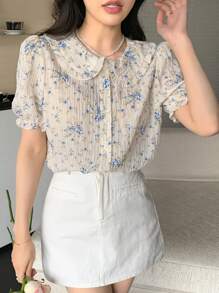 DAZY Peter Pan Collar Floral Bubble Short Sleeve Textured Shirt Summer