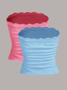 SHEIN EZwear Atuendos De Verano 2 Piezas Top Tubo Con Borde De Encaje - Multicolor - Ver 2