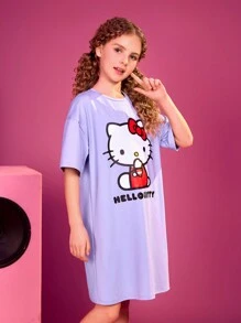 HELLO KITTY AND FRIENDS | SHEIN Tween Girls' Cute And Casual Cartoon Letter Printed Purple T-Shirt Dress - Purple - View 3
