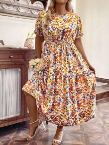 SHEIN LUNE Vestido largo de talla grande con cintura fruncida y estampado aleatorio para vacaciones de verano - Naranja - Ver 6