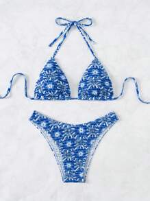 Swim Mod 夏季海灘花卉印花露肩比基尼套裝（2件），混合印花圖案 - 藍色 - 查看 3