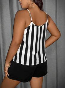 Maweii 加大碼條紋拼接背心和短褲套裝 - 黑與白 - 查看 2