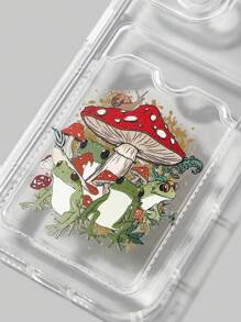 ROMWE Fairycore Funda transparente para teléfono con impresión de rana y seta, protección completa de la lente de la cámara, diseño único de inserción de tarjeta, compatible con iPhone