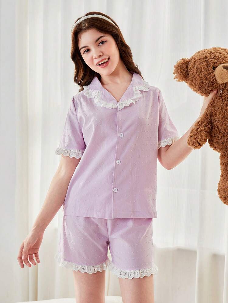 Teen Girl Simple Solid Purple Short Sleeve Cardigan With White Lace Trimmed Shorts, Casual Loose 2pcs Homewear Set