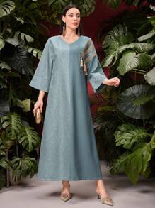 Al Najma Jacquard V-Neck Fringed Dress, Perfect For Summer, Modest Kaftan - Grey - View 7