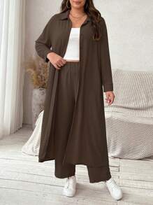 SHEIN Clasi 大尺碼女士時尚純色長褲和開衫套裝 - 棕色 - 查看 1