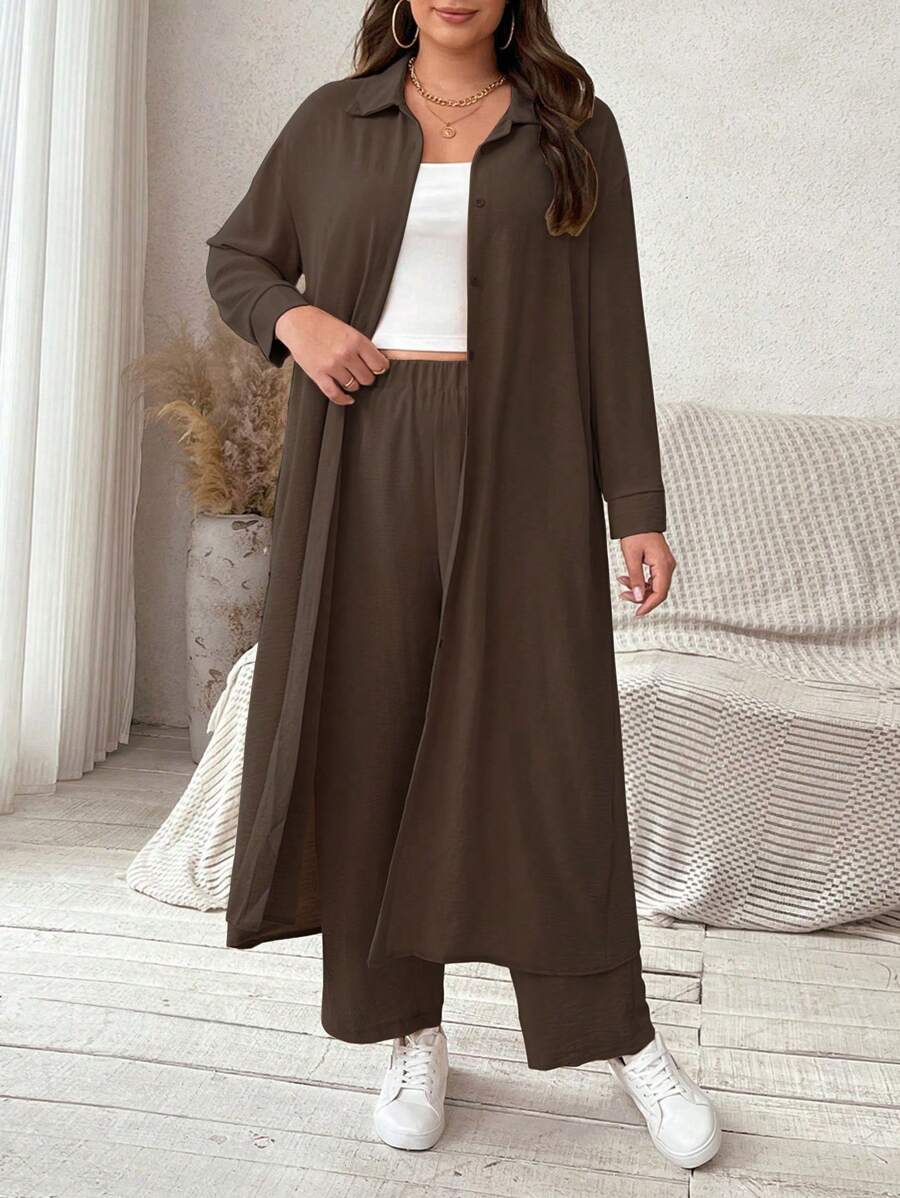 SHEIN Clasi 大尺碼女士時尚純色長褲和開衫套裝 - 棕色 - 查看 1