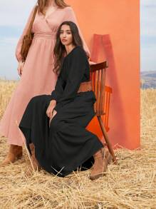 SHEIN VCAY Damen Rundhals-kleid Mit Laternenärmel Und Gürtel Für Lässige Freizeit Und Reisen - Schwarz - View 2