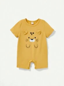 Cozy Pixies Em bé Con trai Phim hoạt hình động vật Mẫu Ngắn tay Romper Với Chi tiết tai Và Bộ quần short - Màu Mù tạt vàng - Xem 4