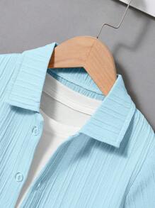 SHEIN Young Boy Solid Texture Short Sleeve Shirt And Pants Two Pieces Set - Blue - View 3