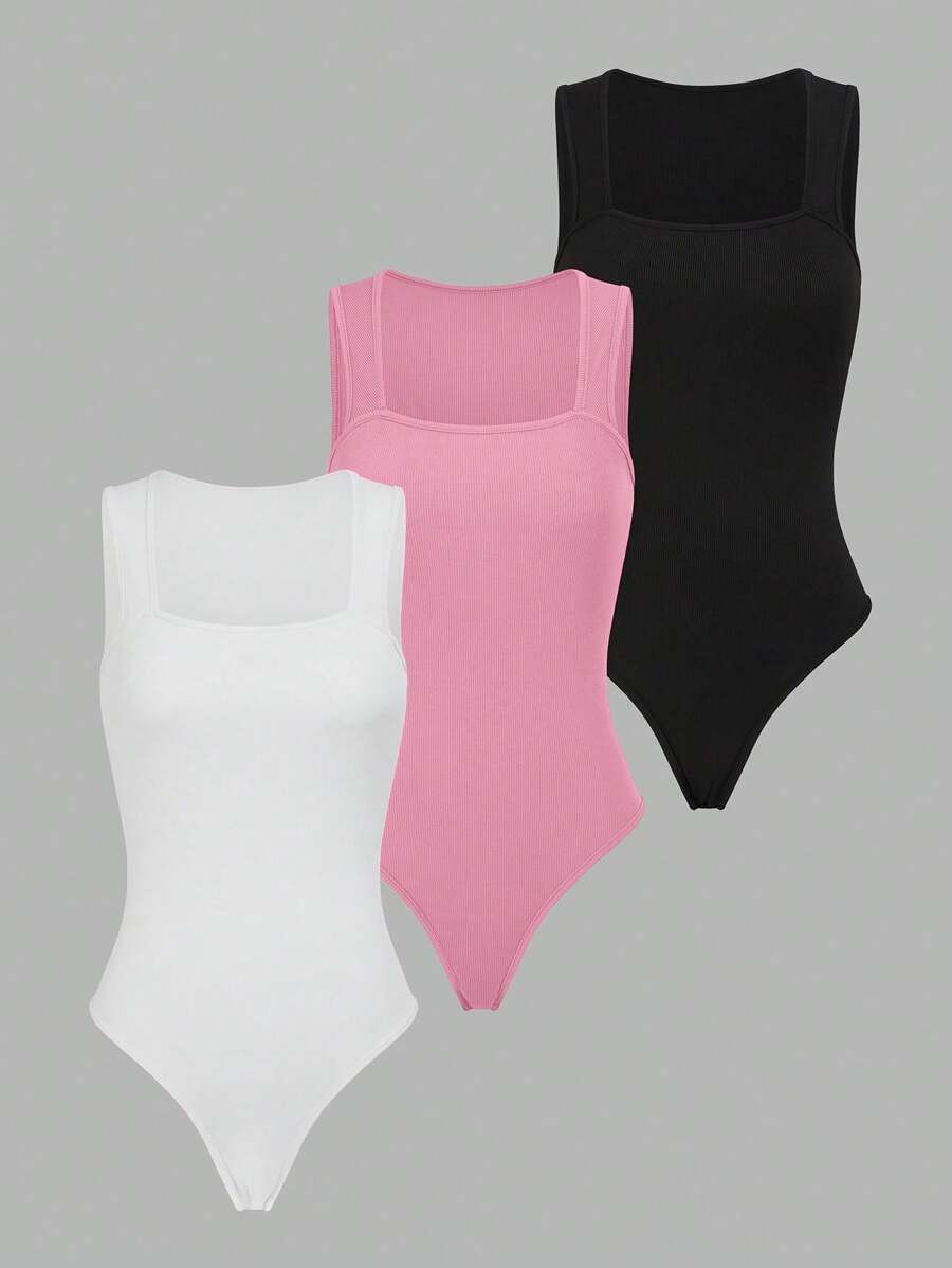 SHEIN LUNE 3入組純色方領交叉花瓣連體衣 - 彩色 - 查看 1