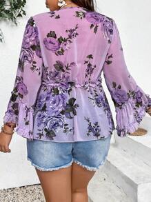 SHEIN Clasi 大碼花卉印花綁腰喇叭袖襯衫,適合夏日假期 - 紫色 - 查看 2