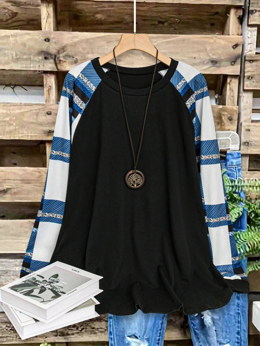 SHEIN LUNE Plus Size Patchwork Plaid Print Round Neck Long Sleeve T-Shirt, Spring Casual - Blue - View 1