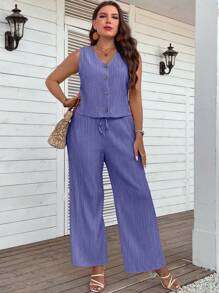 SHEIN LUNE Plus Size Women's Summer Solid Color Single-Breasted V-Neck Vest And Pants Casual Two-Piece Set - Purple - View 5