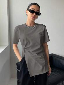 DAZY Camiseta De Manga Corta Básica Y De Moda, Casual De Verano Con Dobladillo Dividido - Gris Oscuro - Ver 3