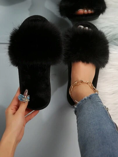Fall/Winter Fashionable Women's Comfortable And Beautiful Open-Toe Flat Black House Slippers For Spring And Autumn,Fluffy Slippers