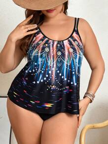 Swim Lushoire Plus Size Women's Summer Beach Stylish Printed Tankini Set - Multicolor - View 3