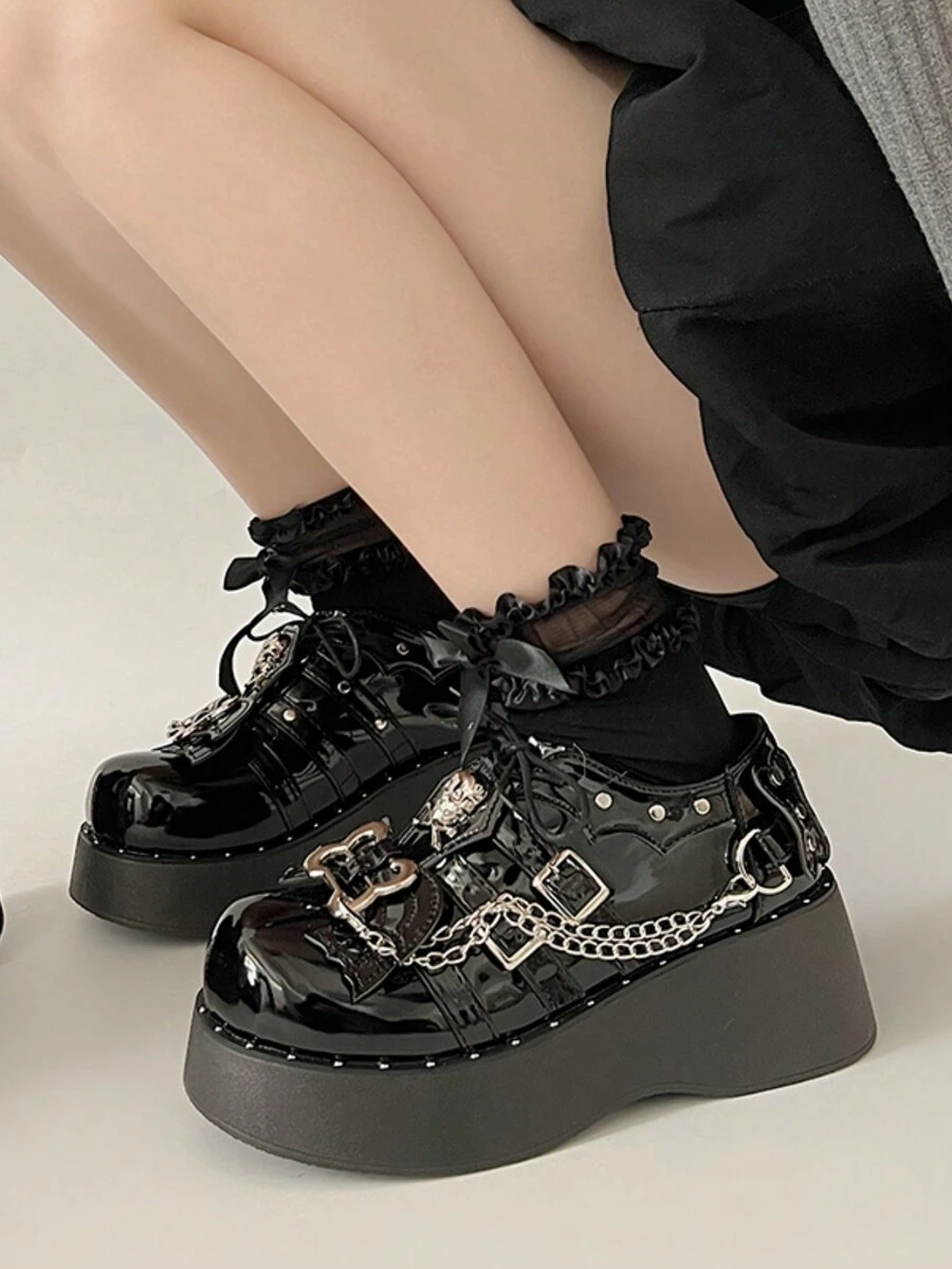 ROMWE Grunge Punk Lolita風格女士pu皮鞋：平台,厚底,黑色,jk制服,珍風格,2024年春季新品 - 黑色 - 查看 1