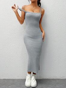 SHEIN EZwear Vestido camisero de color sólido con abertura en la espalda y dobladillo partido