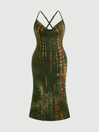 Vestido Sin Mangas Con Dobladillo De Cola De Pescado Y Teñido Anudado Para Mujer De Talla Grande