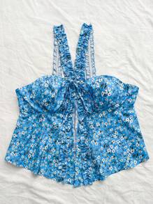 SHEIN WYWH Plus Size Women's Casual & Vacation Style Wide Strap Tank Top With Ruffle Trim And Tie-Dye Print In Blue And Floral Print, Semi-Transparent And Thigh Split Design.