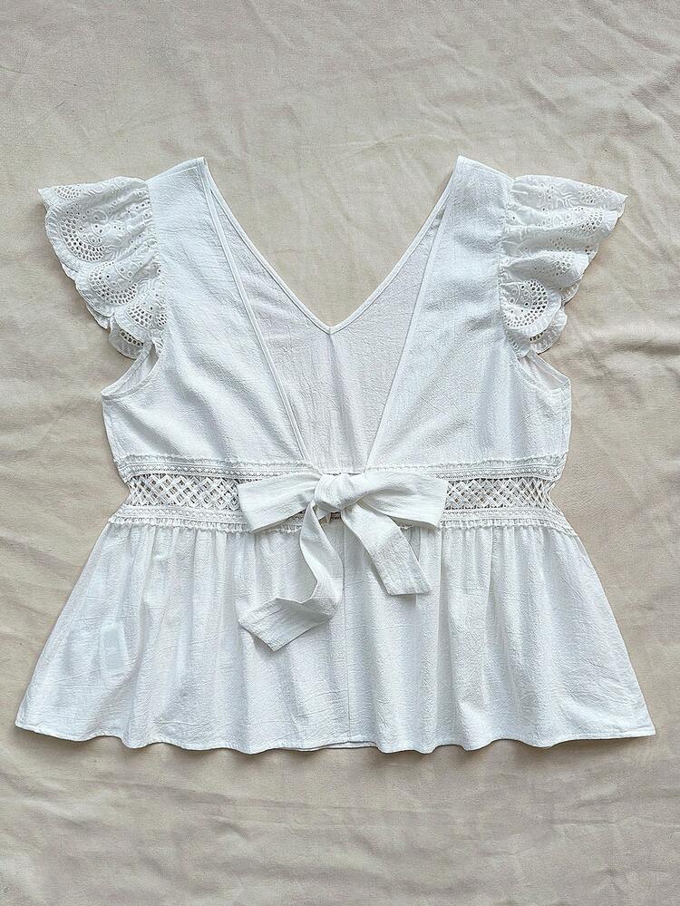 Plus Size V-Neck Casual Waistband Lace-Up Shirt With Water-Soluble Lace Panel, Summer