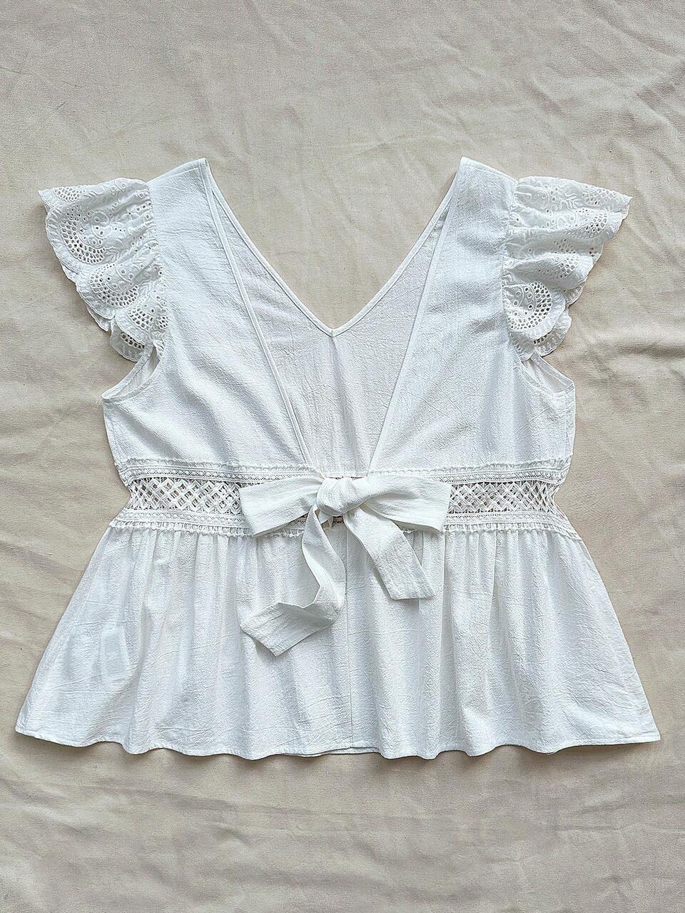Plus Size V-Neck Casual Waistband Lace-Up Shirt With Water-Soluble Lace Panel, Summer
