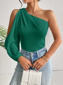 SHEIN Privé 夏季純色不對稱領長袖襯衫 - 墨綠色 - 查看 1