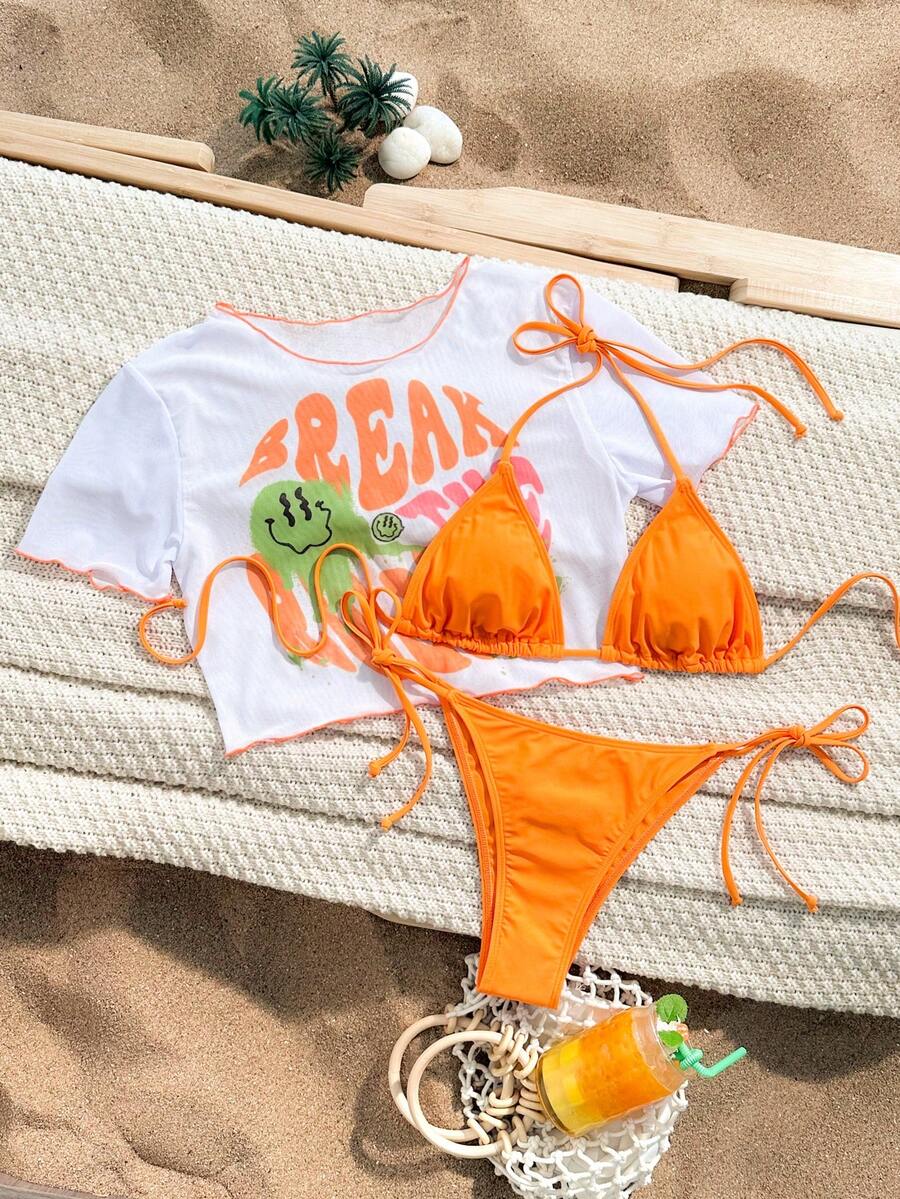 SHEIN Swim In chữ che đậy bằng bộ bikini hai mảnh màu trơn, bãi biển mùa hè - Nhiều màu - Xem 1