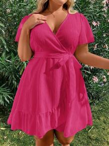 Flirla Plus Size Women's Summer Overlap V-Neck Ruffled Short Sleeve Dress Vacation Beach Outfit - Hot Pink - View 6