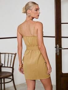 Sollinarry 女士夏季新款性感金属拉链连体裤连衣裙，适合音乐节、派对、度假 - 卡其色 - 查看 3