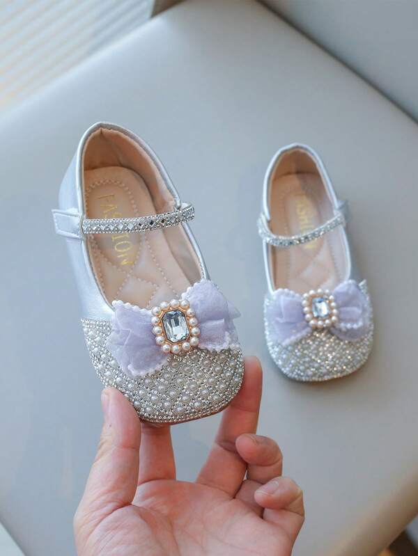 1 Par De Zapatos Plateados Con Estilo De Princesa De Llegada Nueva De Verano Con Decoración De Perlas Y Diamantes De Imitación, Zapatos Con Suela Antideslizante Y Suave Para Niñas Pequeñas