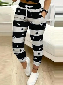 INAWLY 女士時尚黑白條紋運動長褲，星星印花設計 - 黑色 - 查看 1