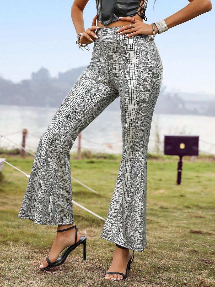 Allurite Spring/Summer Casual Crocodile Print Flare Pants For Music Festival - Multicolor - View 1