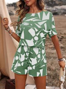 EMERY ROSE Summer Casual Geometric Printed Round Neck Batwing Sleeve Top And Shorts - Multicolor - View 3