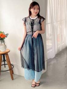 FRIFUL Designer 女士甜美设计感长袖透明网眼连衣裙太阳裙，休闲女装 - 黑色 - 查看 4