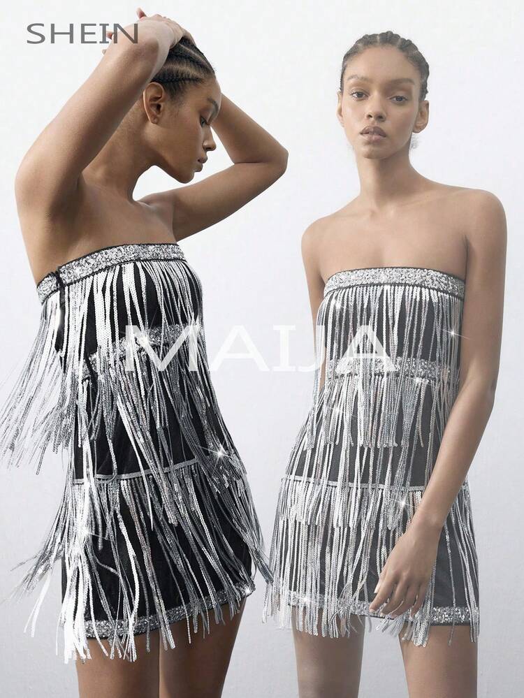 Sequin Tassel Bodycon Bandeau Dress