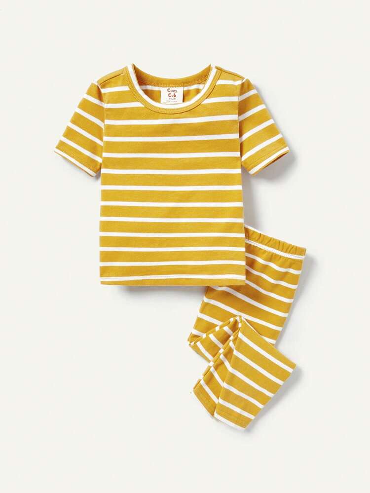 Baby Boy Snug Fit Striped Round Neck Short Sleeve Pullover Top And Pants Pajama Set, 4pcs Matching Set