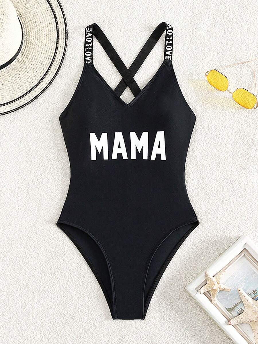 SHEIN Swim Traje de baño de una sola pieza con gráfico de carta y cruzado en la espalda para mamá y yo, conjunto de trajes a juego (se venden 2 piezas por separado), verano en la playa. - Negro - Ver 1