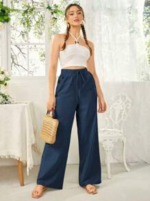 SHEIN Essnce Women's Solid Color Knotted Elastic Waist Wide Leg Pants - Navy Blue - View 5