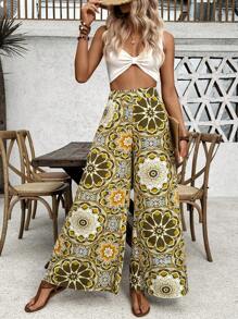 Breezaya Pantalones largos asimétricos de estilo informal y vacacional con estampado para mujer
