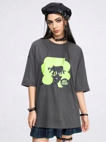 JAVI SNCHZ Camiseta De Cuello Redondo Con Estampado De Retrato Suelta De Manga Corta Para Uso Casual En Verano - Gris Oscuro - Ver 3