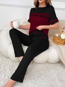 Color Block Slogan Print Casual Short Sleeve T-Shirt And Sleep Shorts Pajama Set