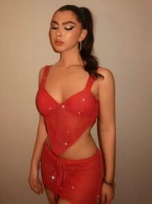 SHEIN BAE Crocheted Crop Top With Plunging Drop Bustier And Plunging Neckline Crochet Mini Bodycon Skirt&Two Pieces Outfits&Hawaiian&Bikini Sets&Tankini&Beach Women Outfits&Summer Clothes - Green - View 1