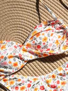 SHEIN Swim Summer Women's Floral Printed Bikini Set With Spaghetti Straps, Back Ties And Separated Design