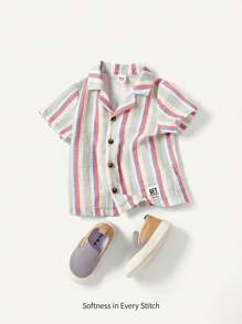 Cozy Pixies Baby Boy Casual Striped Polo Shirt With Turn-Down Collar And Front Buttoned Short Sleeve Top - Blue - View 1