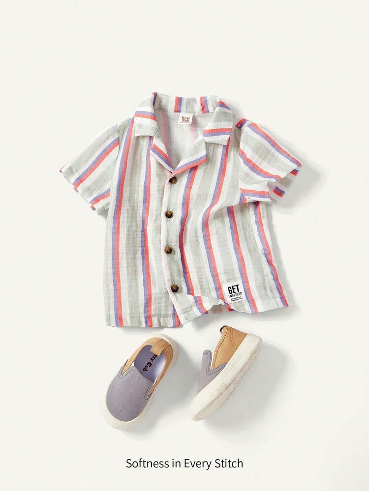 Baby Boy Casual Striped Polo Shirt With Turn-Down Collar And Front Buttoned Short Sleeve Top