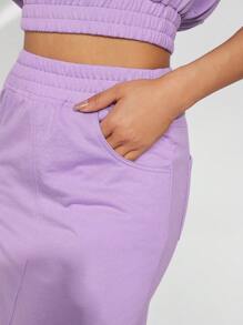 SHEIN Haute 3D 玫瑰连帽短款上衣和裙子套装 - 紫色 - 查看 5