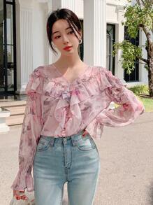 DAZY Của phụ nữ Cổ chữ V Viền Ruffle Đúng mốt Mùa xuân/Mùa hè In Áo sơ mi - Hồng - Xem 4