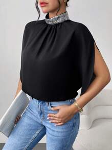 SHEIN Essnce 女性休閑閃爍高領蝙蝠袖寬鬆上衣,適合日常穿著 - 彩色 - 查看 3